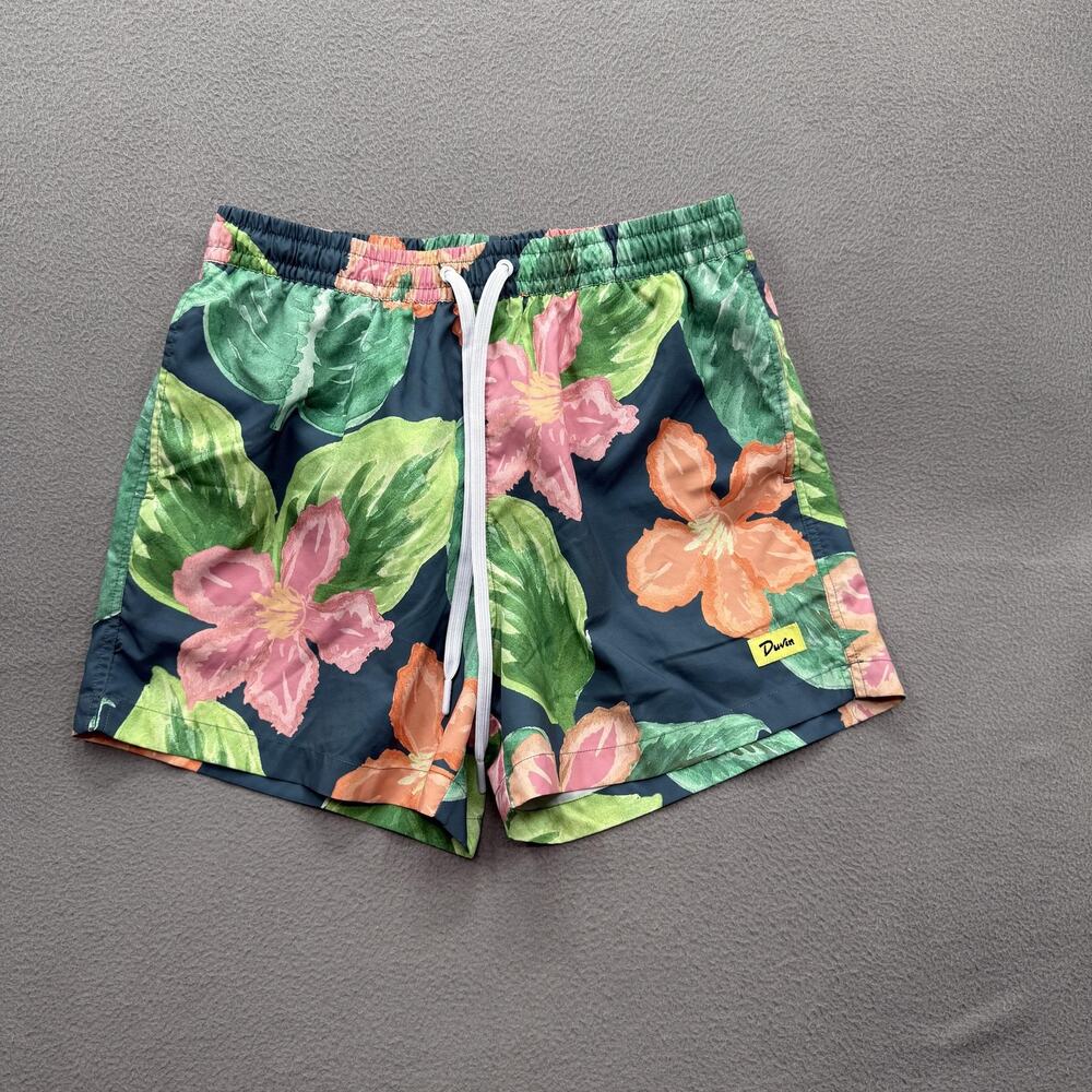 Duvin Swim Trunks Shorts Mens Navy Tropical Floral‎ Hibiscus Drawstring Mesh
